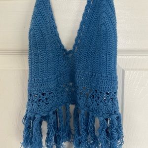 Lakhay Blue Cotton Knitted Halter Crop Top